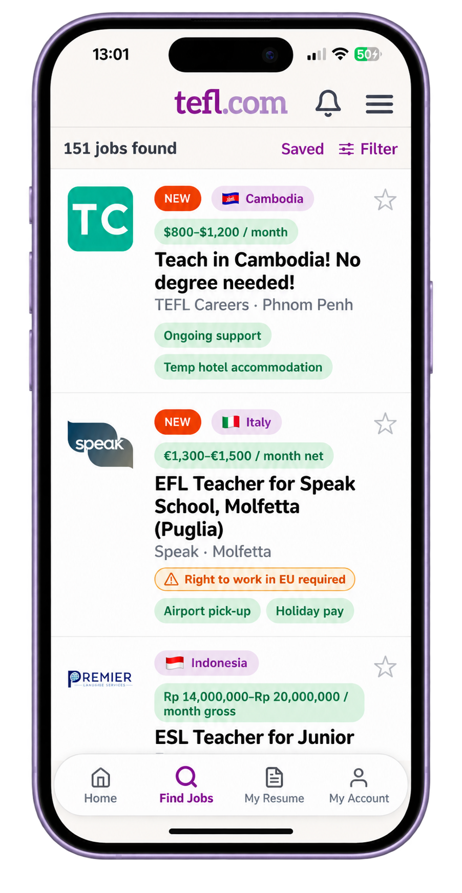 tefl.com Find Jobs results screen