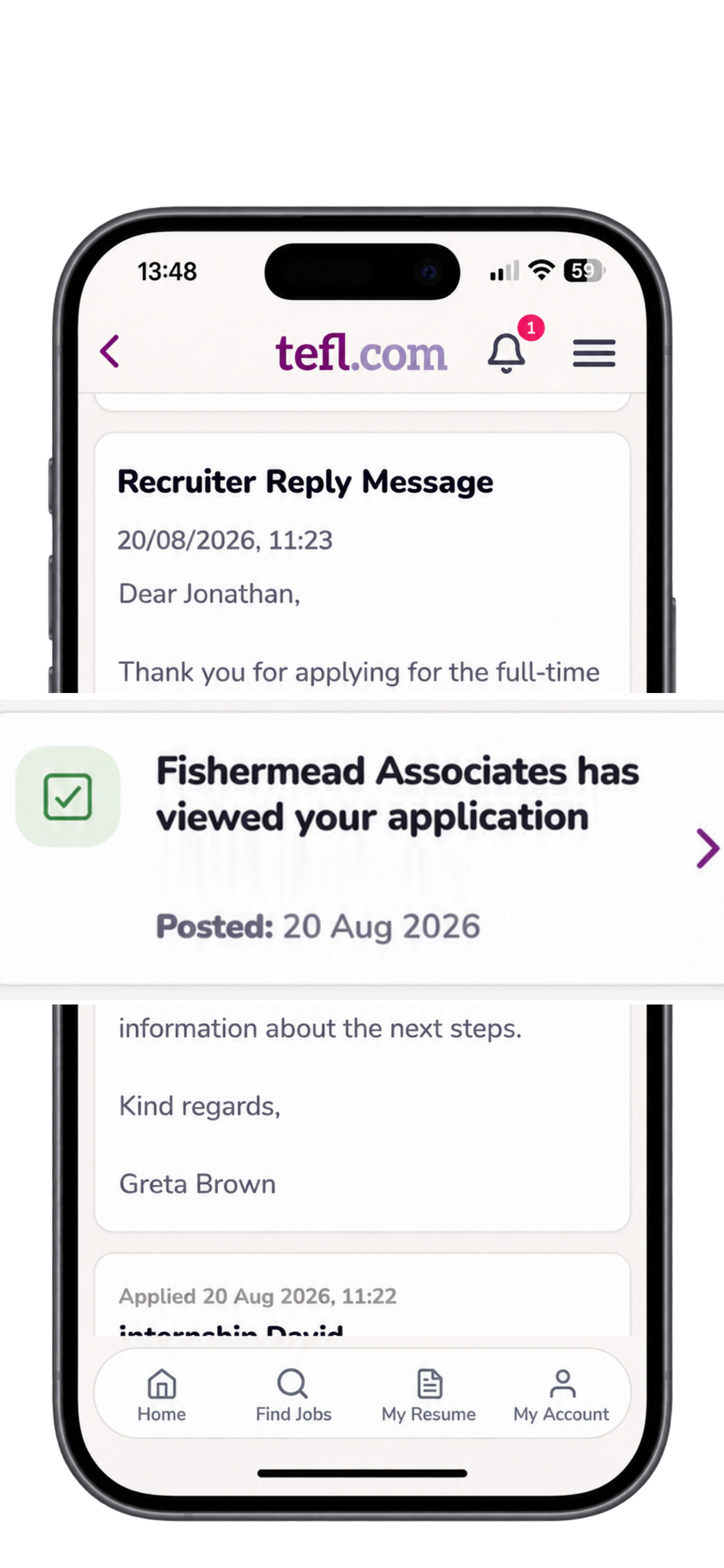 tefl.com Recruiter Reply Message screen