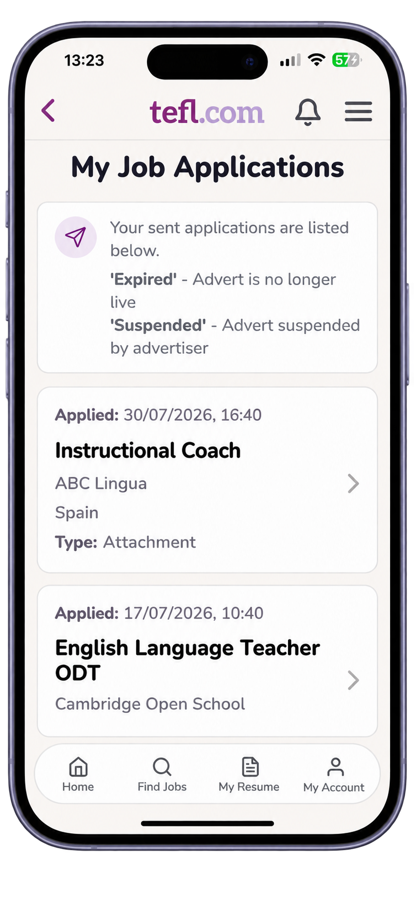 tefl.com My Job Applications screen